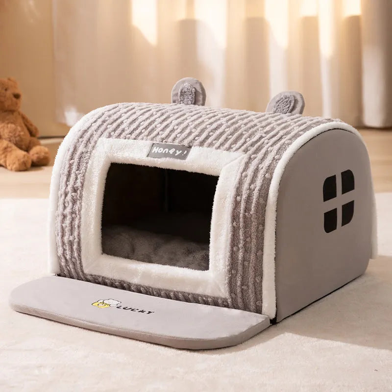 Brown bear-shaped enclosed dog bed with velvet fabric for small pets