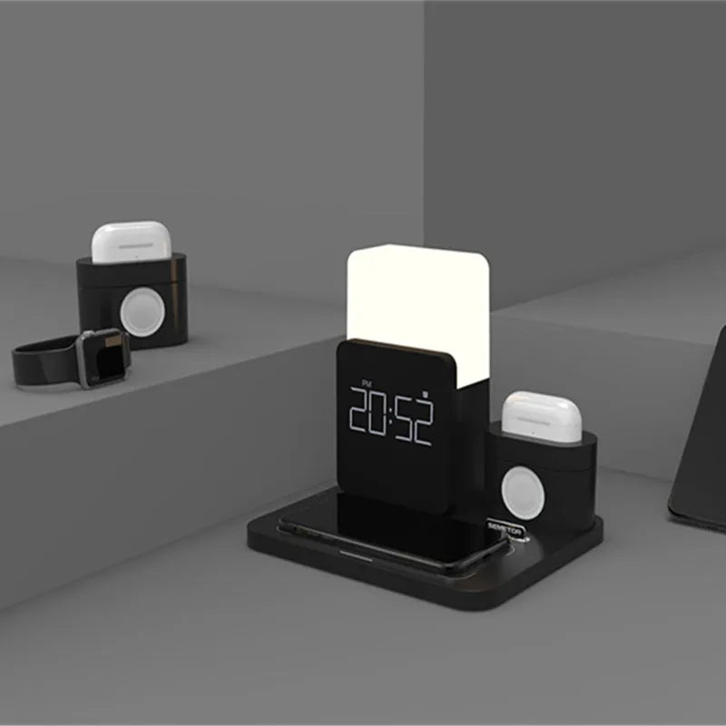 A dark green 3-in-1 wireless charging stand for iPhone, Apple Watch, and AirPods on a desk.