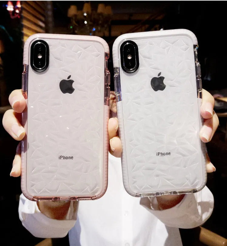 Striped TPU back case for iPhone in pink, white, and black edge colour options.