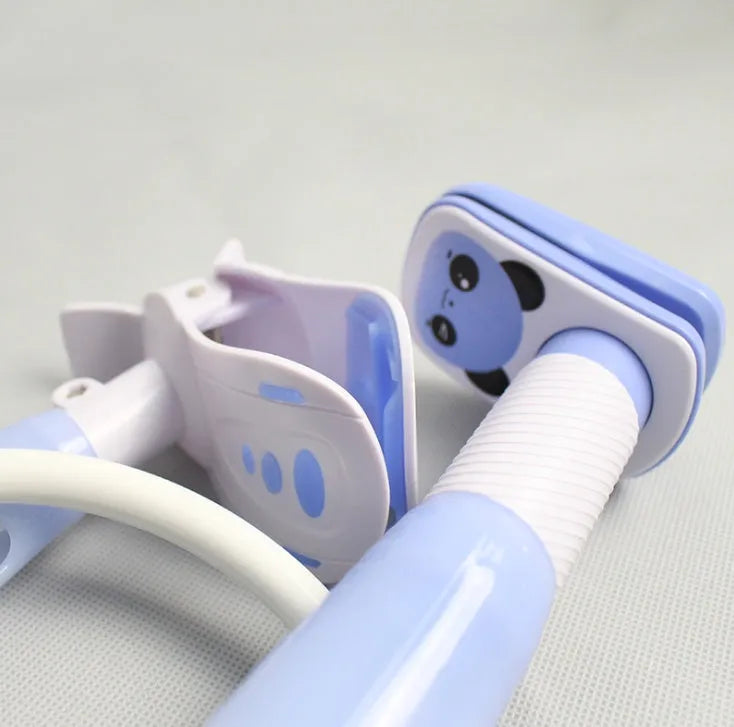 Blue adjustable baby feeding bracket extended to 1.05 metres holding a milk bottle.
