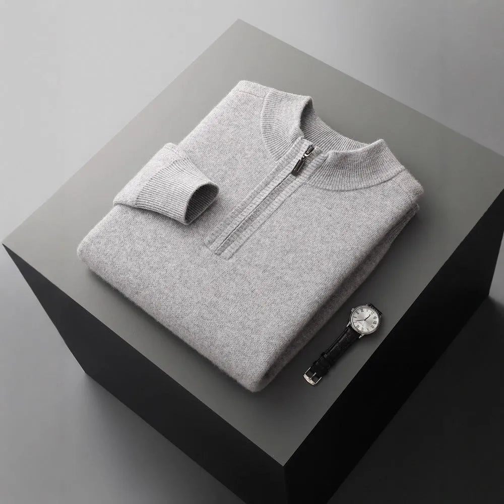 Men's heavy goat seven-needle thickened warm half-zip knit sweater in camel, dark gray or light gray, sizes S-XXXL.