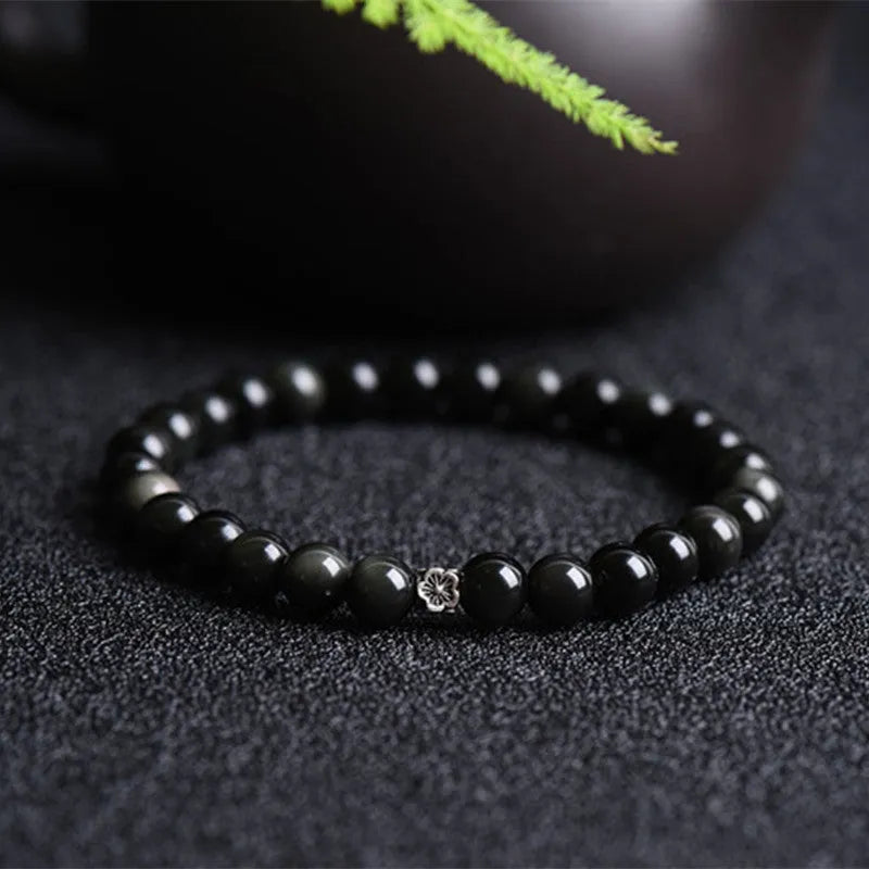 Natural obsidian bracelet with S925 silver flower charm and dragon phoenix decorations