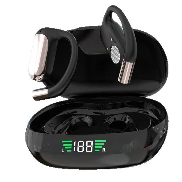Bluetooth earphones hanging on the ear in black colour with ear hook design and digital display screen