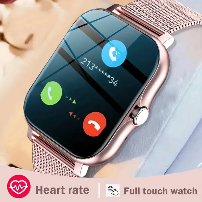 Smart watch with 1.44-inch colour touch screen displaying a heart rate graph, with a black steel strap on a wrist.