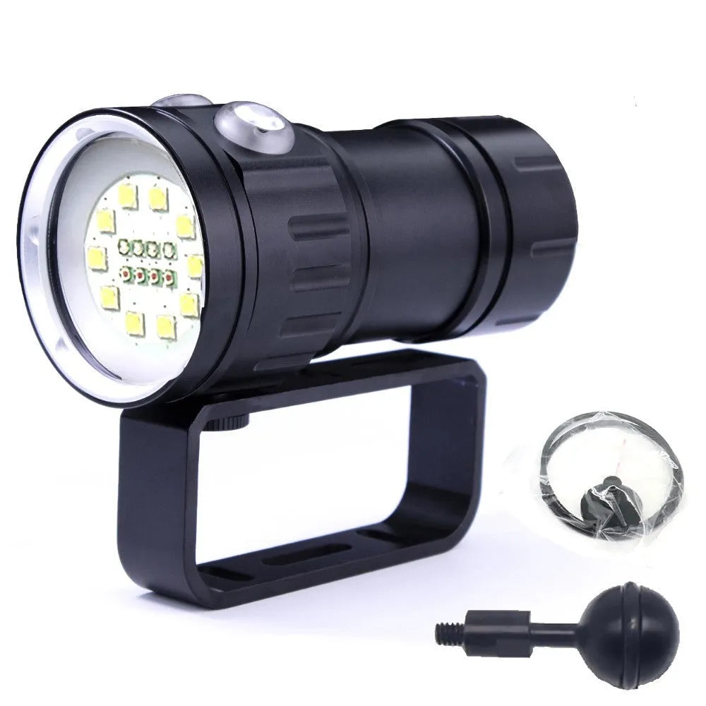 Professional 100W LED diving flashlight with aluminium body, 18650 batteries, handle bracket and ball bracket for underwater photography fill light.