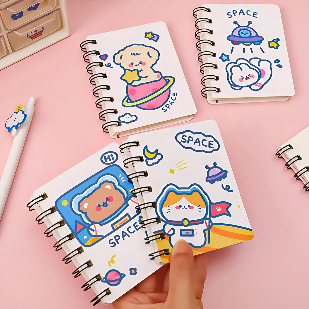 Astronaut series pocket flipper notebook in A6 size, showing one of the four illustrated cover options.