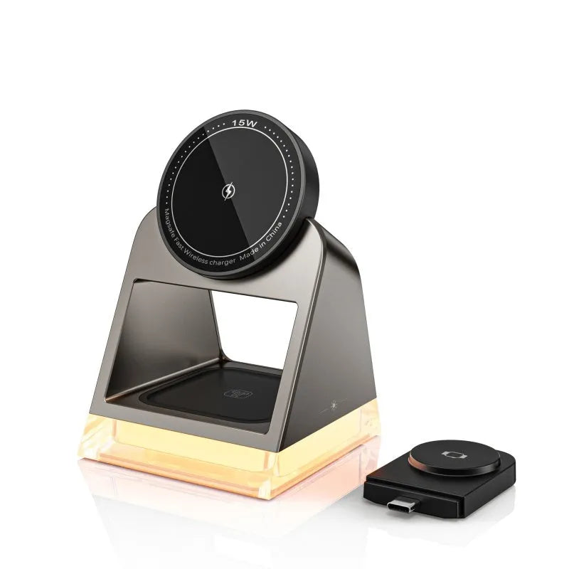 Black 3-in-1 magnetic wireless charger with night lamp, 15W Type-C, 118 x 104 x 78mm