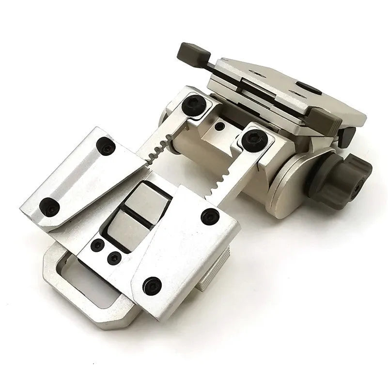 Tactical helmet dumper bracket in black, brown or silver with corrosion resistant construction
