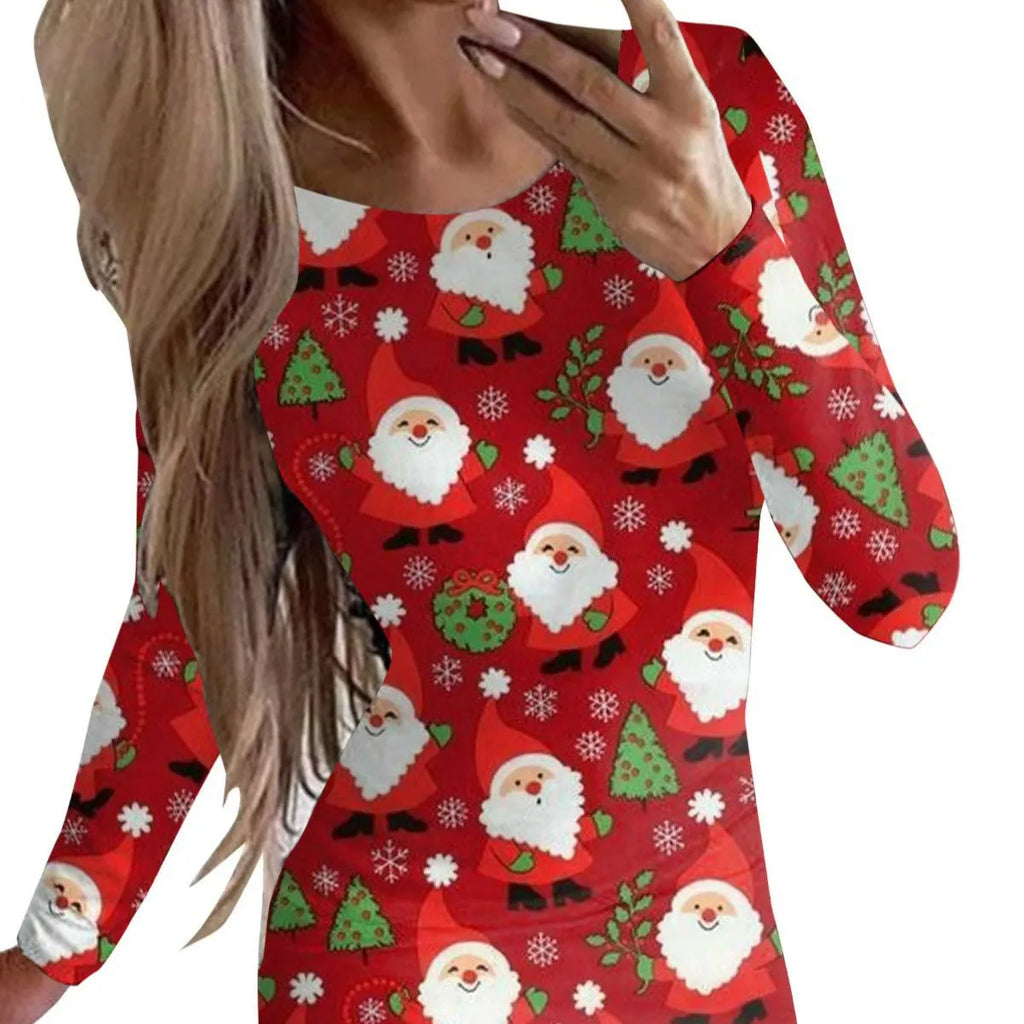 Red printed Christmas dress with animal pattern, round neck, long sleeves, and a tight-fitting hip skirt.