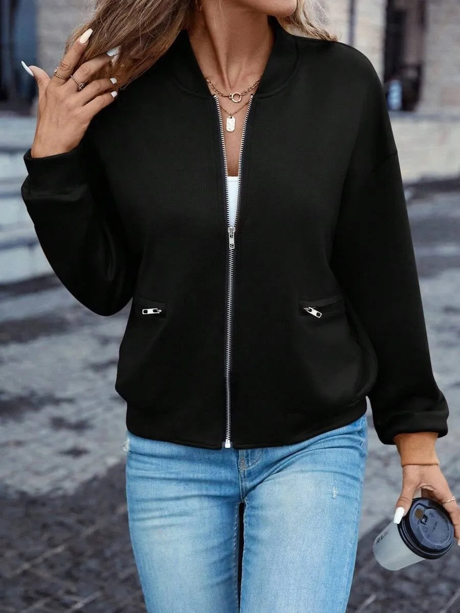 Black women's casual zip jacket with long sleeves in Japanese Korean style