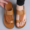 Men's casual open-toe beach slippers in light brown with a two-layer cowhide upper and rubber sole.