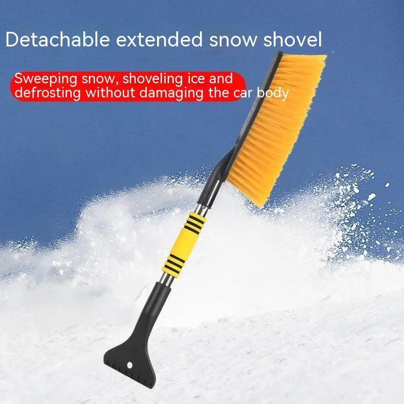 Yellow telescopic car snow brush and ice scraper with long handle for clearing vehicle roofs and windscreens