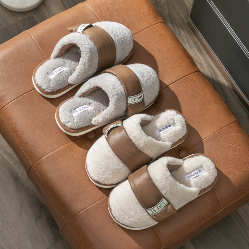 Beige women's plush velcro floor slippers with a non-slip plastic sole and round toe.