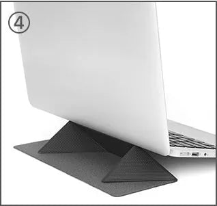 Blue portable laptop cooling bracket with anti-slip surface, shown open in use and folded for storage.