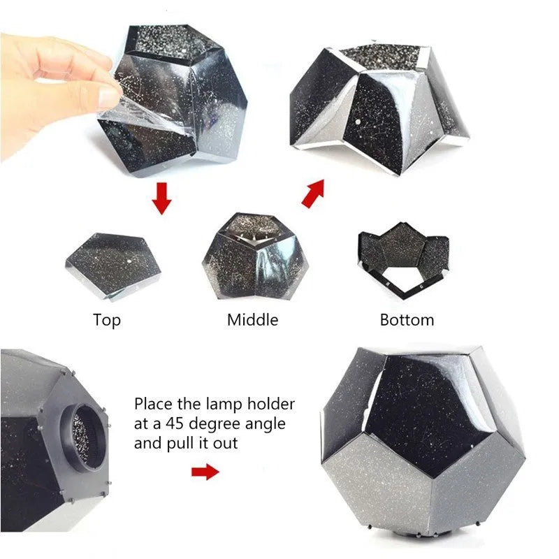 LED starry sky projector night lamp on a table projecting constellations onto a dark bedroom ceiling.