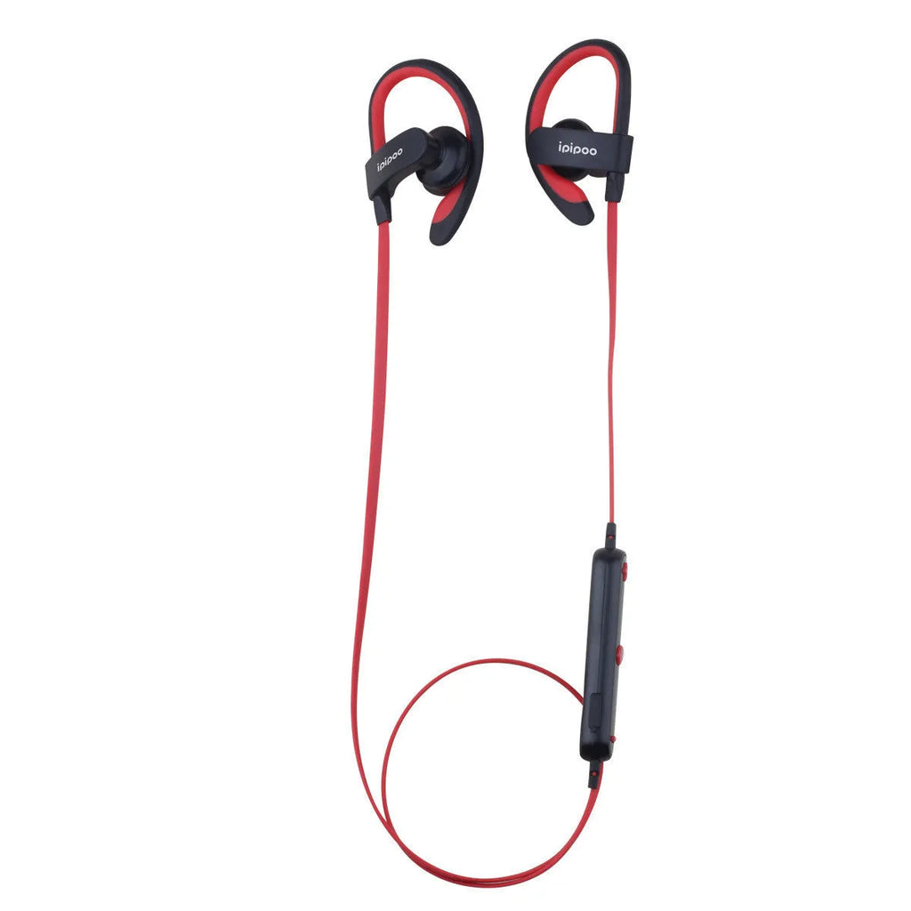 Wireless sports headphones in blue, grey, red and yellow colours showing earplug design