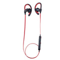 Wireless sports headphones in blue, grey, red and yellow colours showing earplug design