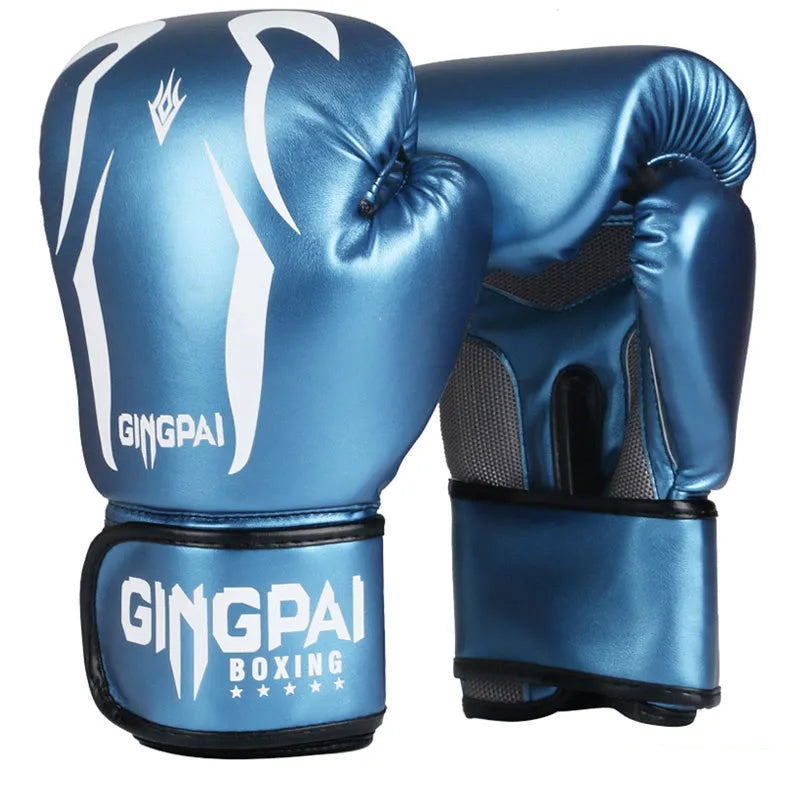 Pair of adult PU leather boxing gloves in black, available in multiple sizes including 6oz 8oz 10oz and 12oz