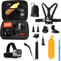 Black sports camera accessories set with mounts and straps for action cameras, multi-piece kit for outdoor filming.