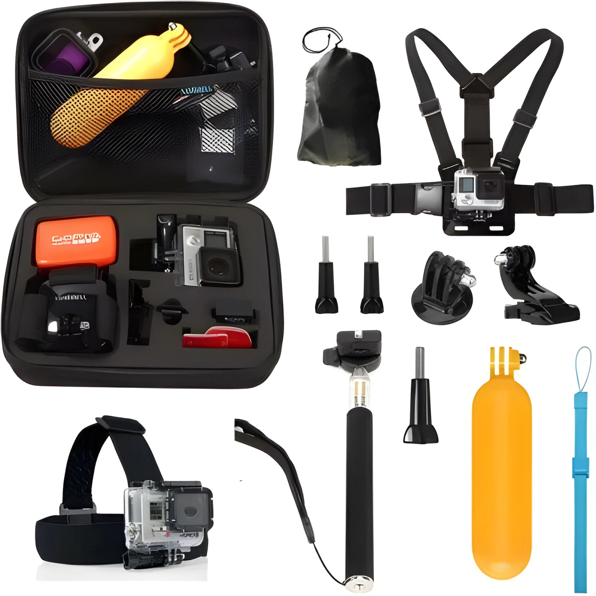 Black sports camera accessories set with mounts and straps for action cameras, multi-piece kit for outdoor filming.
