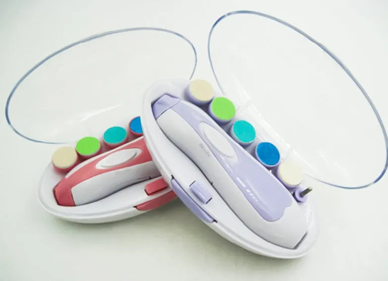 Ultra-quiet electric baby nail polisher pen in pink colour with filing head, for manicuring infant nails.