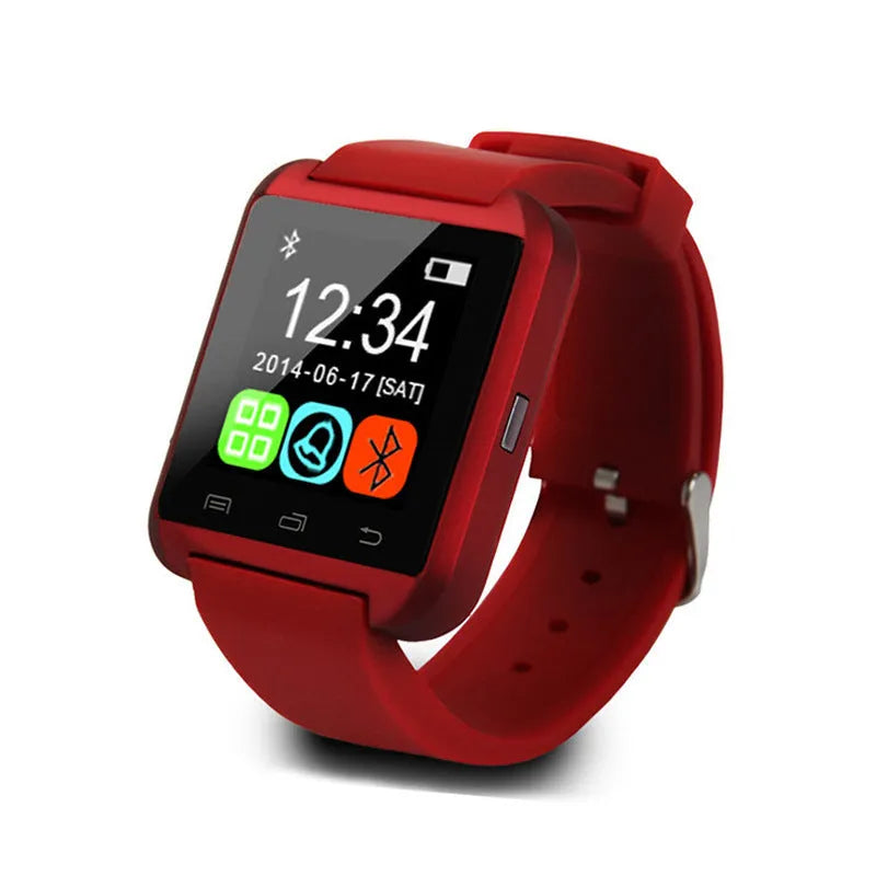 U8 Smart Bluetooth Watch in black, red, or white showing a call screen on its display.