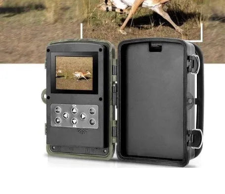 Wild hunting camera in Military Green with 2.0 inch LCD, HD 1080p, 12x optical zoom, and MicroSD slot