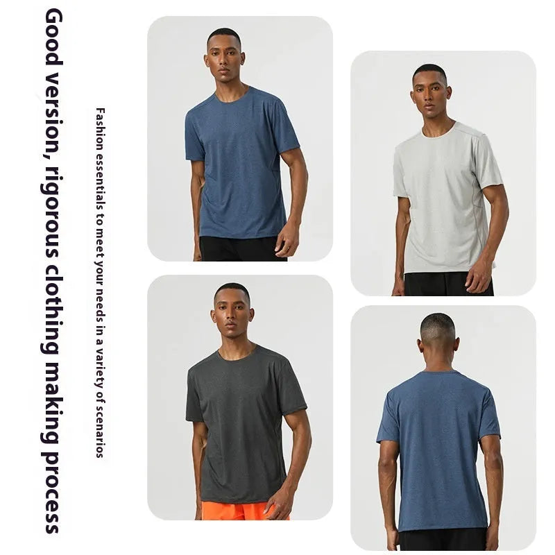 Man wearing a light grey quick-dry polyester short sleeve sport shirt with reflective details.