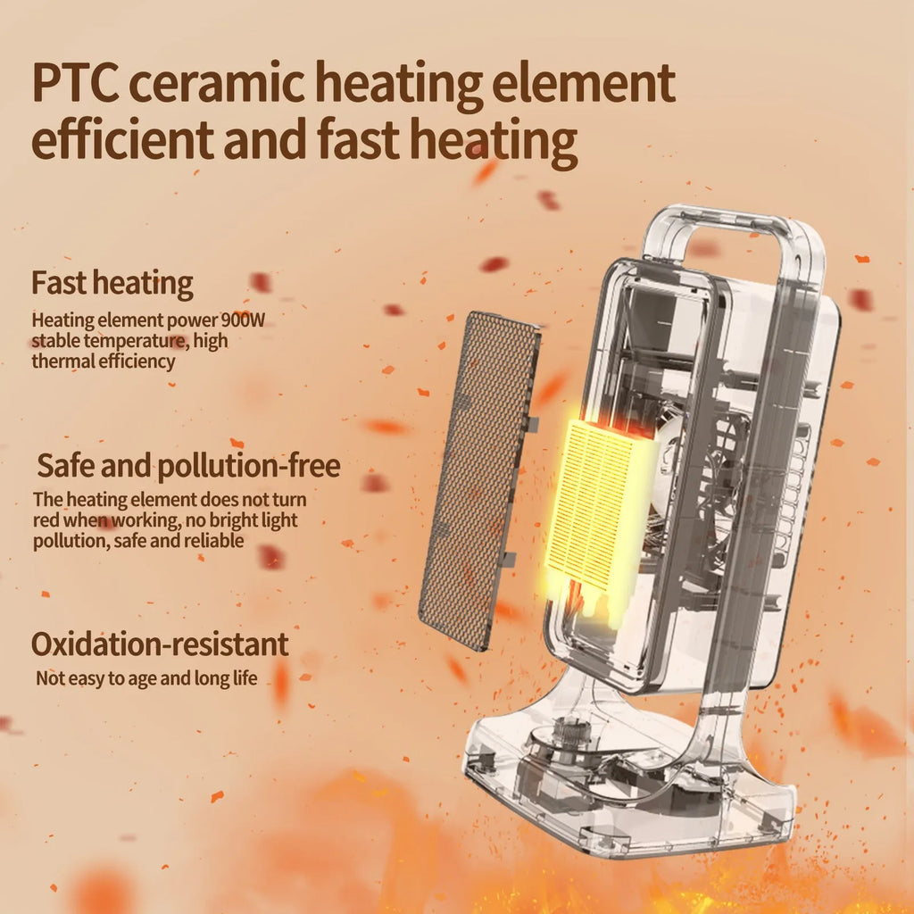 Black compact PTC ceramic air heater with control knob, shown with EU, UK, and US plug options.
