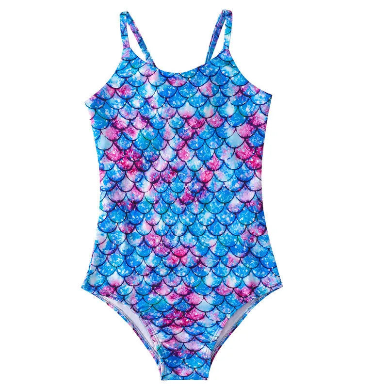Blue and purple girls' mermaid one-piece swimsuit for swimming, shown in a child size.