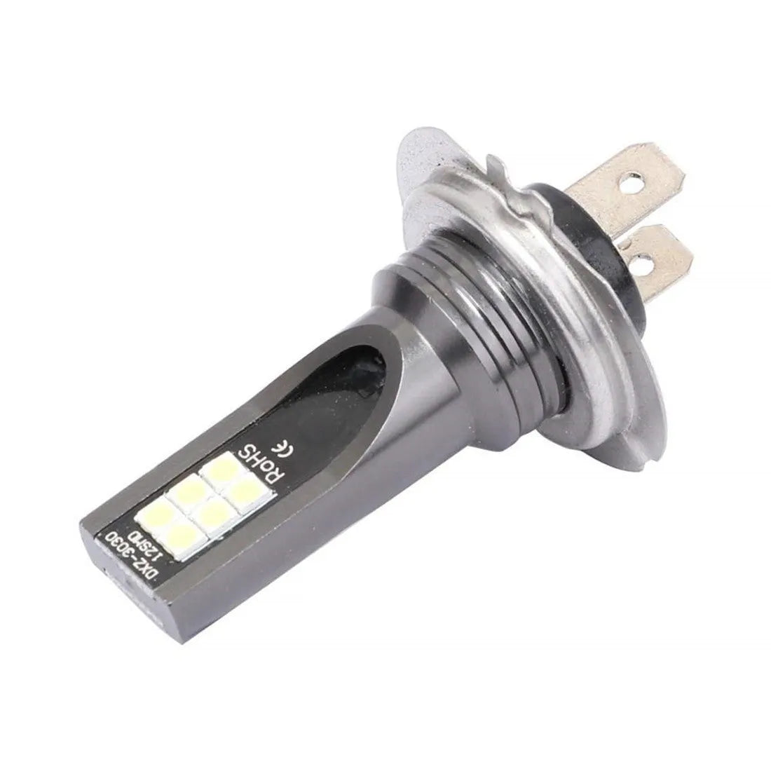 H7 110W LED car fog light bulb with aluminium housing and 12 white SMD LEDs.