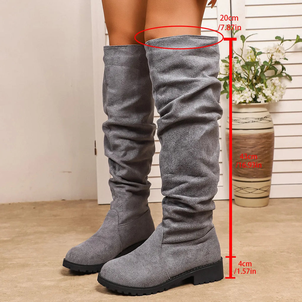 Fleece-lined suede over-the-knee boots for women, black, low chunky heel, slip-on, round toe, winter footwear