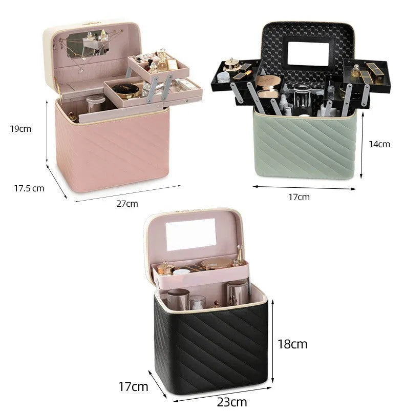 Portable square vertical PU leather cosmetic case and jewellery storage box with hard handle, file bag, and zipper pocket, Black or Pink
