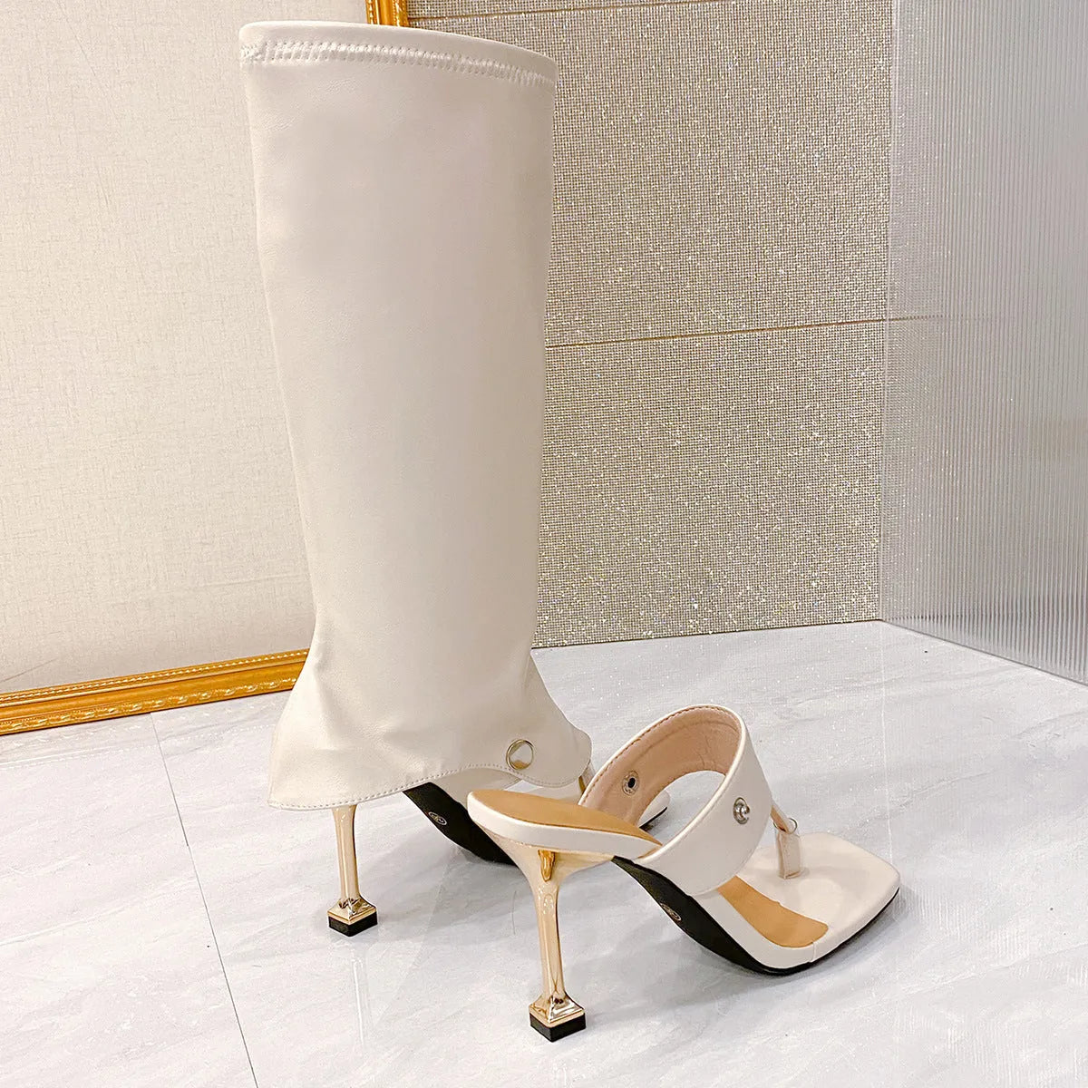 High-heel square-toe sandal boots in beige with thin straps and toe-loop, PU upper