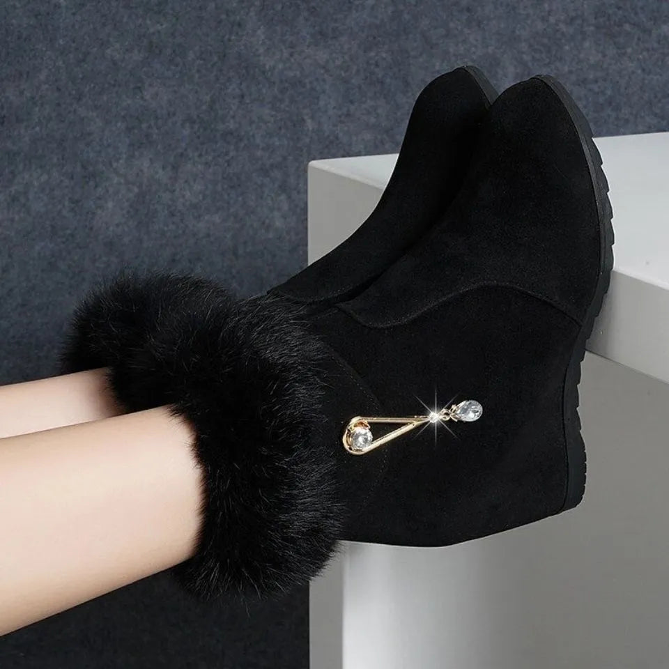 Women's height increasing insole snow boots, black fur upper, sizes 35 to 40, side view