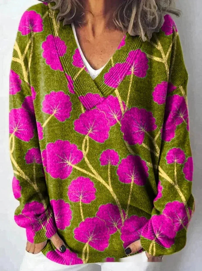 Women's V-neck sweatshirt with 3D floral pattern in art retro style, long sleeves, pullover design