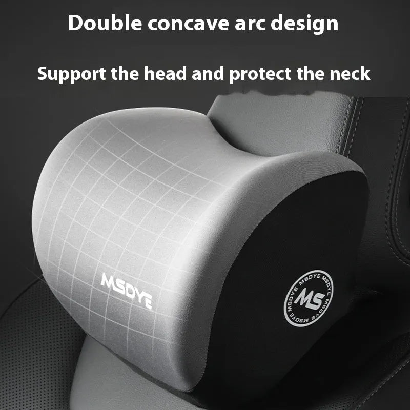 Memory foam car headrest and lumbar support pillow set with milk silk cover in black, showing both pillows.