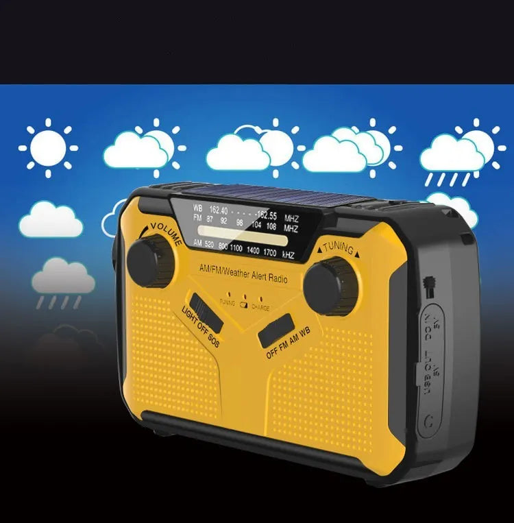 Yellow weather forecast solar emergency radio with solar panel, hand crank, and multi-band tuning