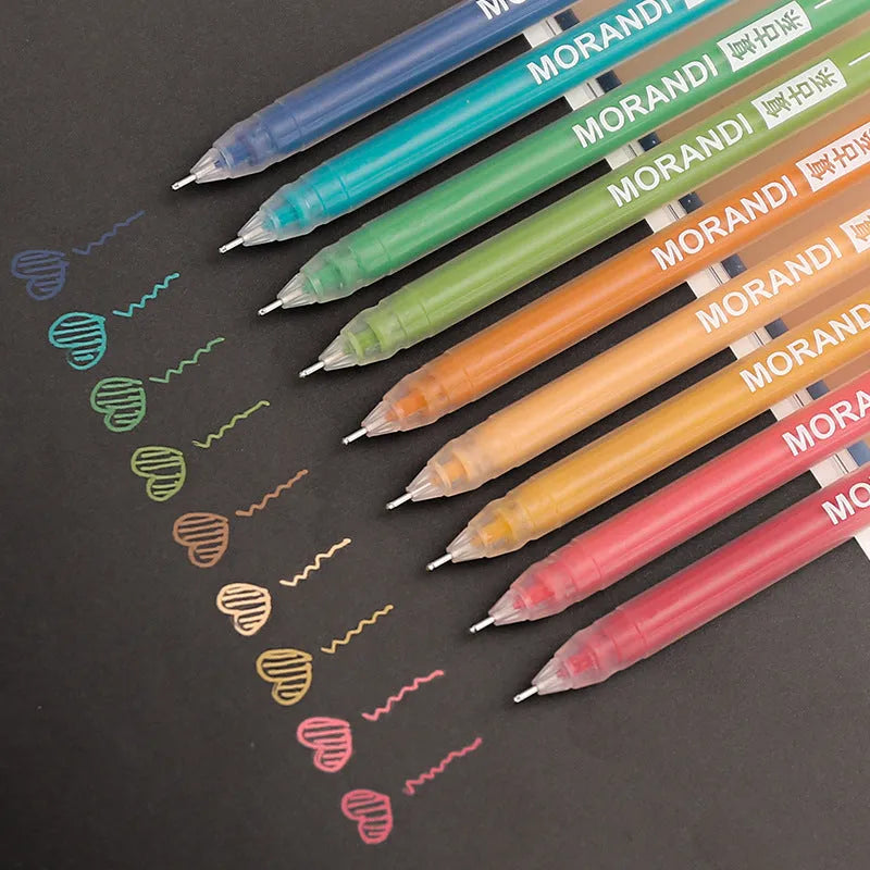Set of nine gel pens with 0.5mm needle tips in a white plastic storage case.