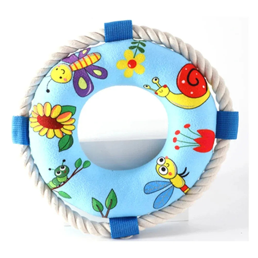 Soft plush dog pull ring chew toy with squeaker in yellow fish design.