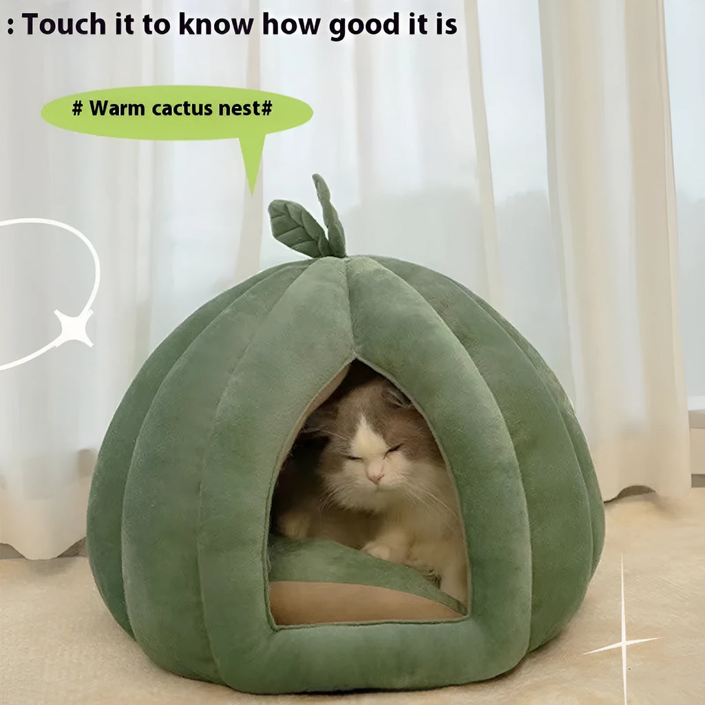 Semi-enclosed leaf style pumpkin nest cat bed in PP cotton with removable cover, three sizes
