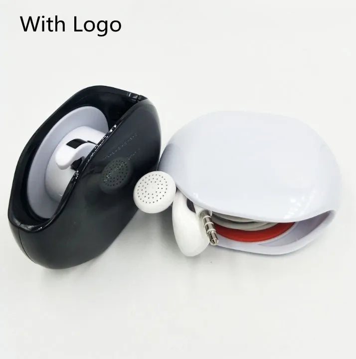 Automatic earphone cable winder showing white, blue, and black units with cable retracted into 72mm storage box.