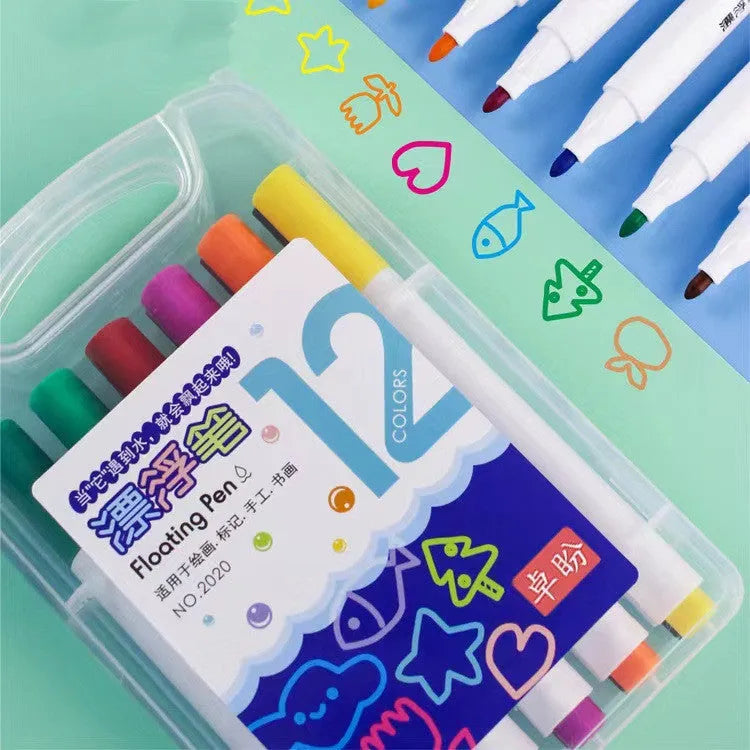 Children's 12-colour magic water floating pen set in PVC box with erasable watercolor pens and plastic shell