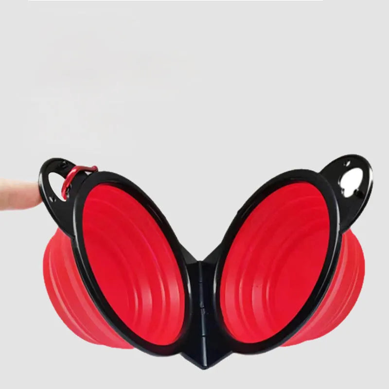 Blue silicone folding double pet bowl showing food and water compartments, collapsed and unfolded views