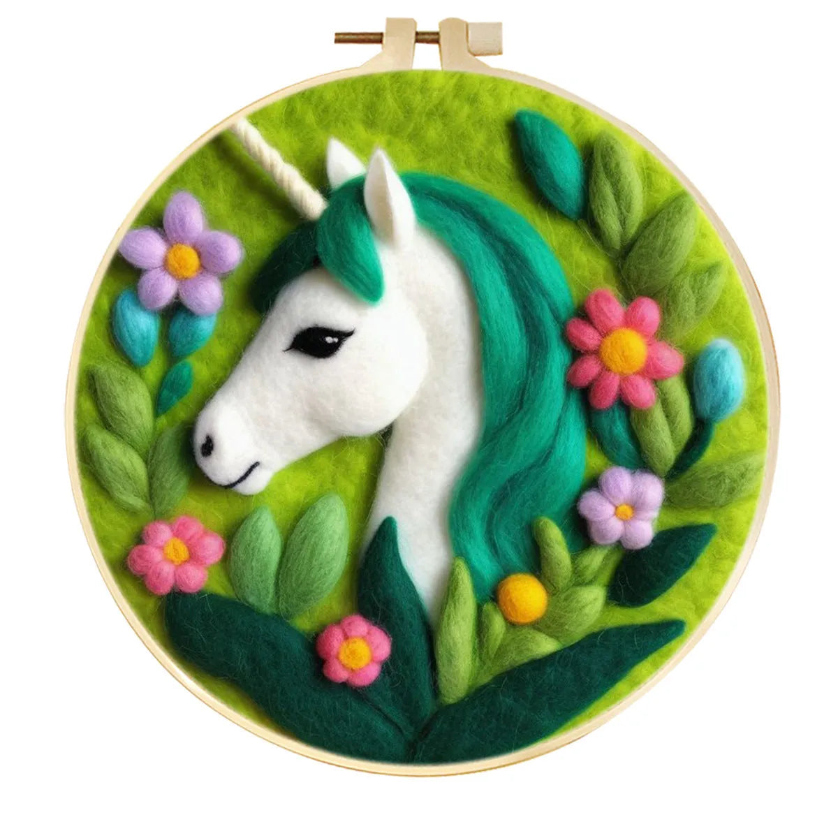 Round linen embroidery frame with wool felt floral decoration kit for three-dimensional wall art