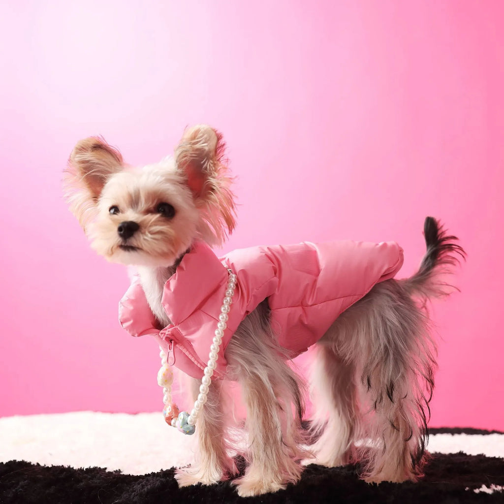Polyester sleeveless warm down dog vest in Vest colour with removable fur ball, side view