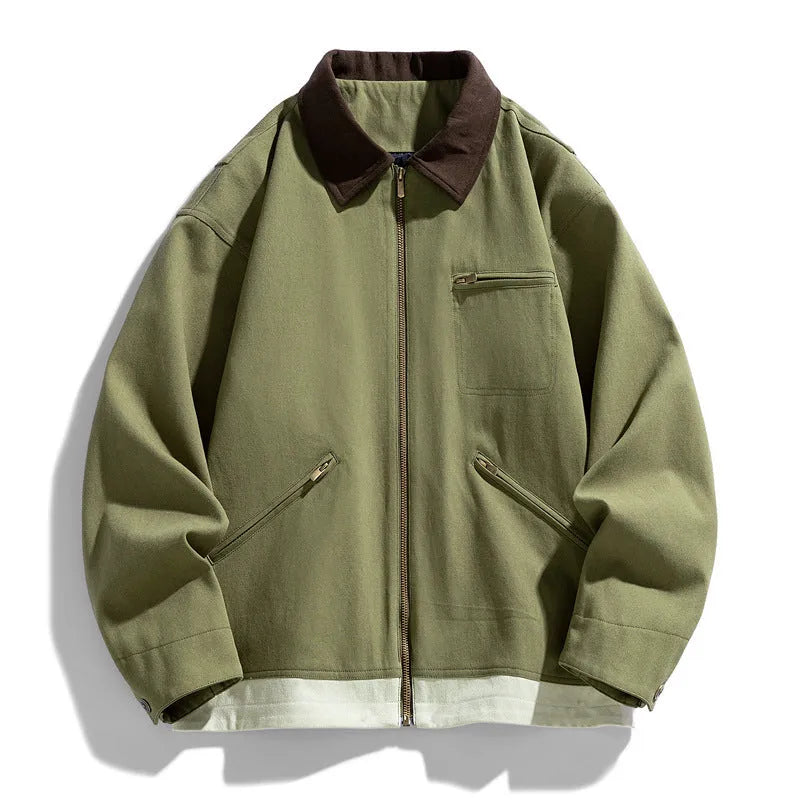 Korean style retro workwear couple jacket in mint green with side seam pockets.