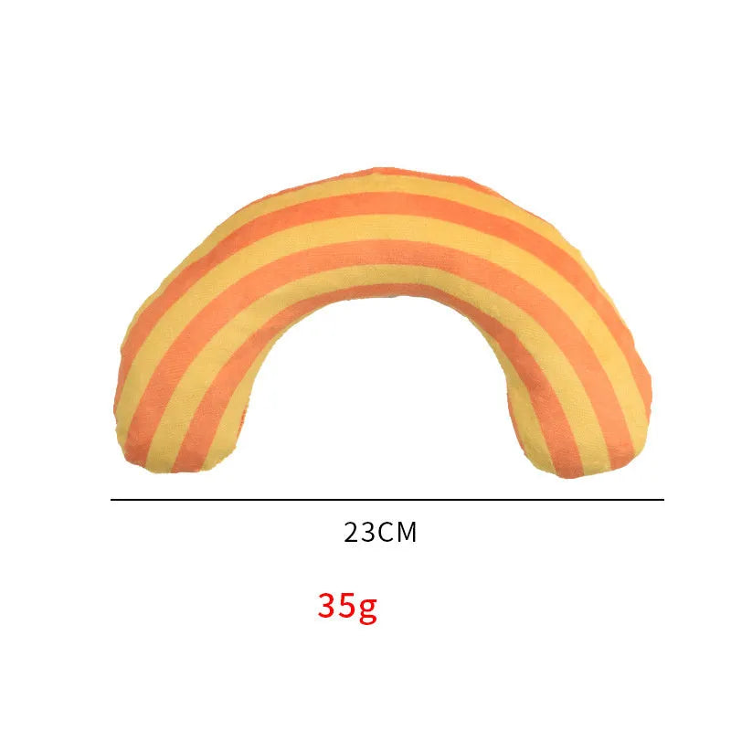 Striped pattern cat pillow toy with noise maker and catnip strip measuring 23 by 20 centimetres