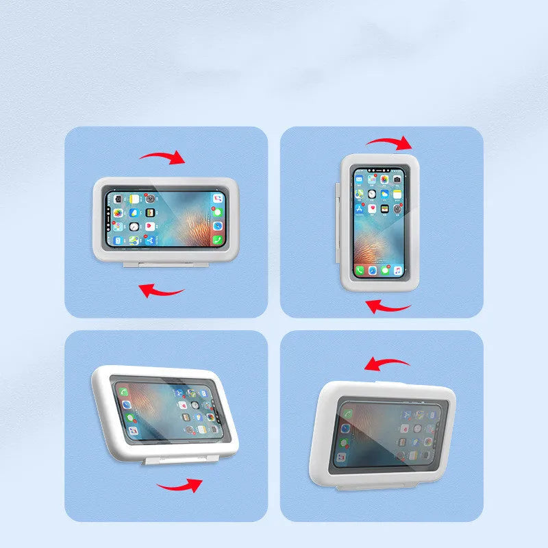 Waterproof plastic phone holder with touch screen mounted on bathroom tile
