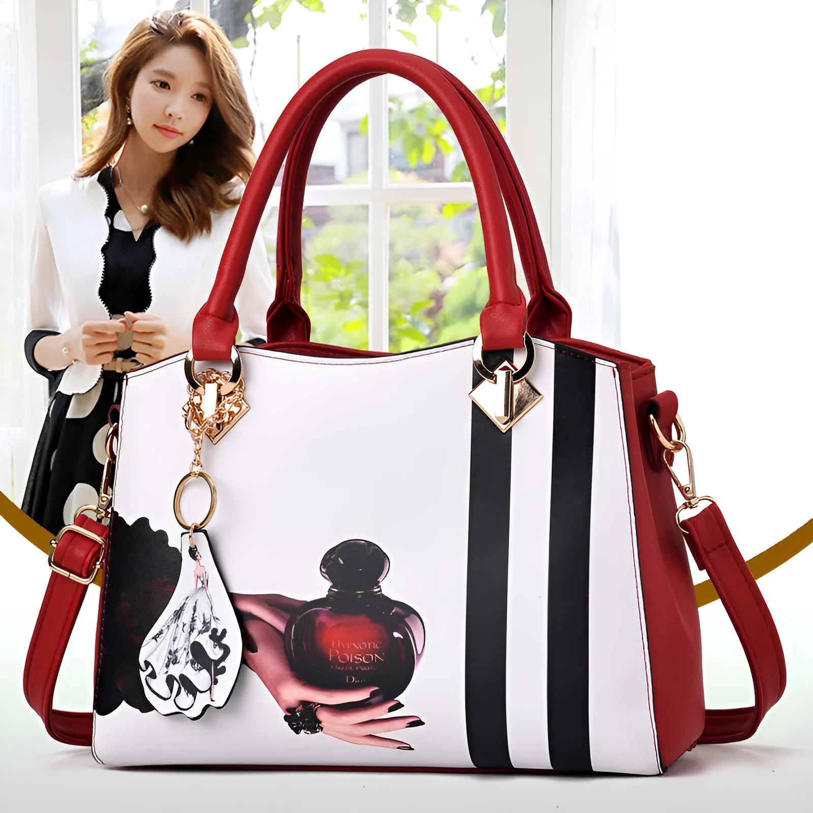 New fashion Korean-style PU shoulder bag with multiple compartments in beige, 29x14x22 cm